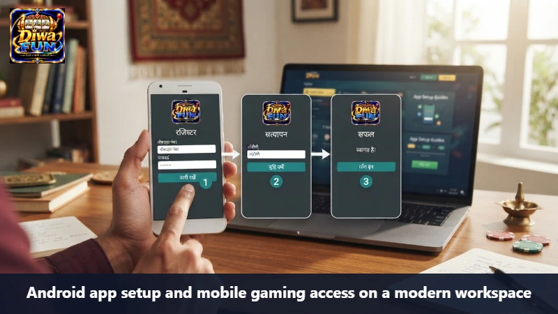 Android app setup and mobile gaming access on a modern workspace