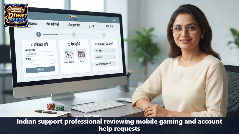 Indian support professional reviewing mobile gaming and account help requests